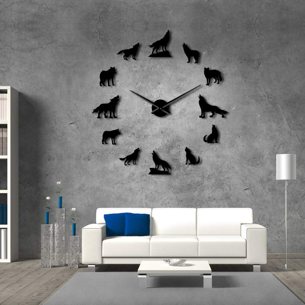 Howling Wolf 3D DIY Large Wall Clock Different Wolf Pose Frameless Wall Watch Clock Modern Home Decor Wolf Admirers