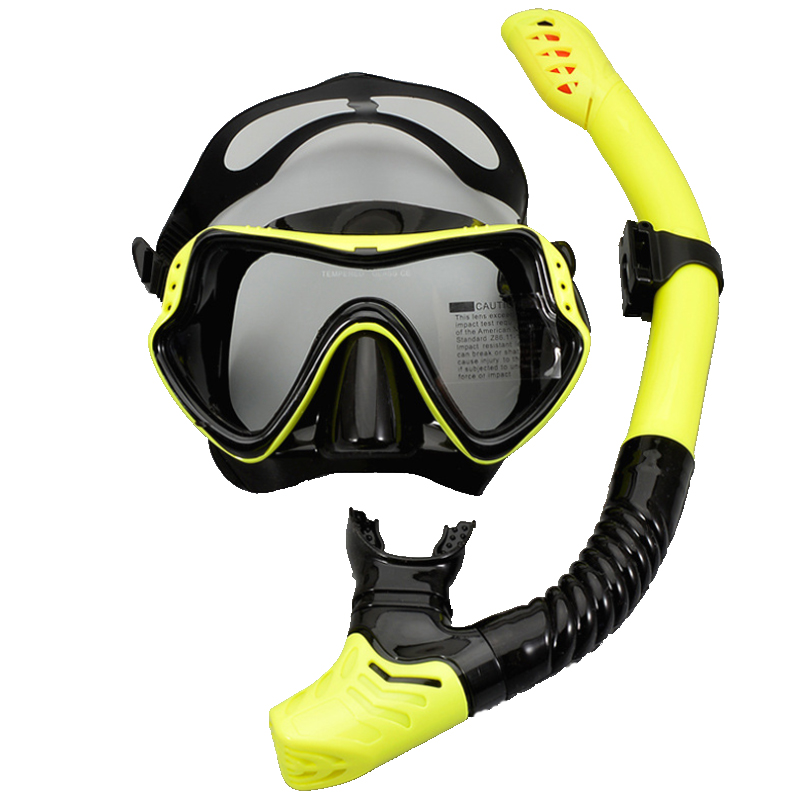 Dykning maske og snorkler anti-tåge beskyttelsesbriller briller dykning svømning let ånde rør sæt: Gul