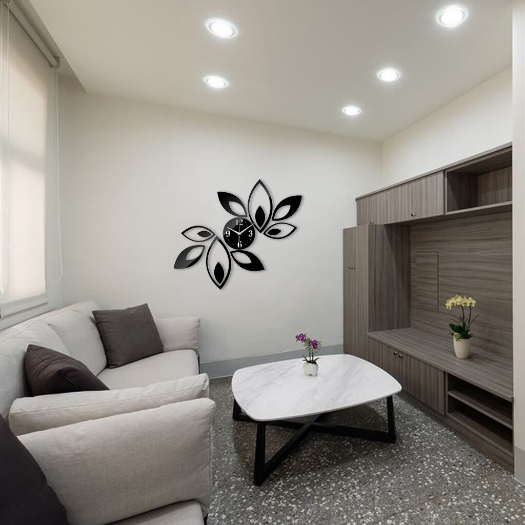 Removable DIY 3D Acrylic Clock Mirror Lotus Wall Sticker Mural Decals Black