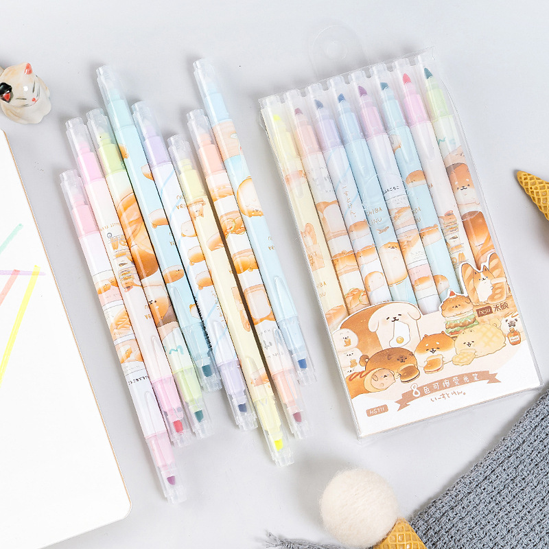 8 farver kawaii shiba inu dobbelthovedet sletbare highlightere kunstmarkører farve pen fine liner skole kontorpapir