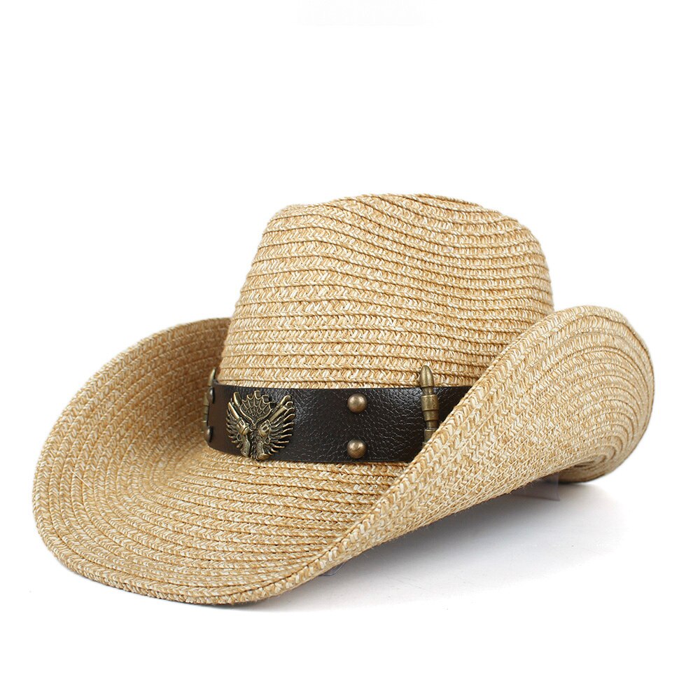 Kvinner menn halm hul vestlig cowboyhatt dame pappa sommer punk belte sombrero hombre Strand cowgirl jazz solhatt str 57-59cm