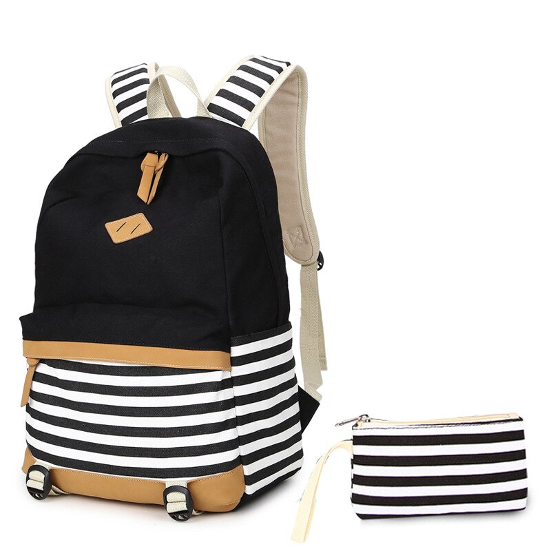 Diomo usb opladning skoletasker til piger lærred bomuldsstof stribet rygsæk til børn taske pakke skoletaske: 1602 sorte
