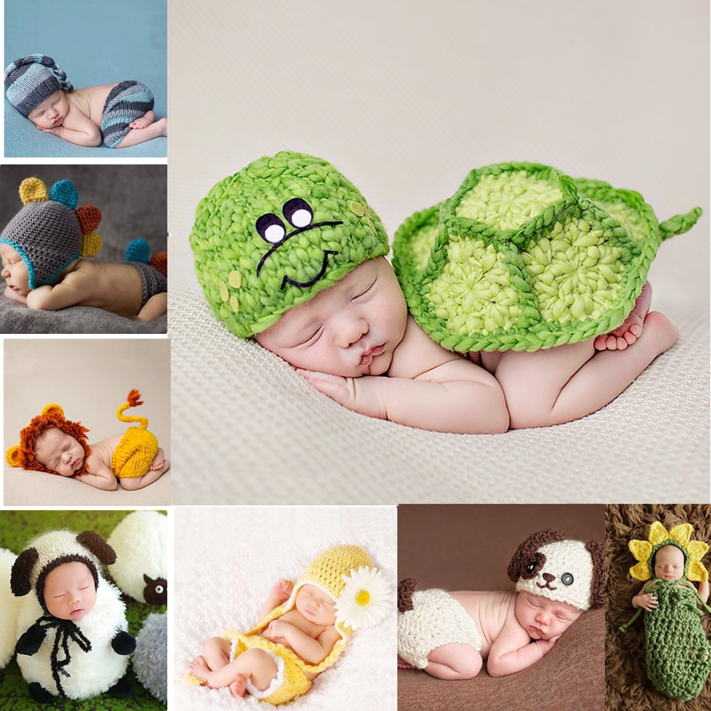 Handgemaakte baby dieren stijl foto prop outfit kleding wol breien haak fotografie hoed stoffen set