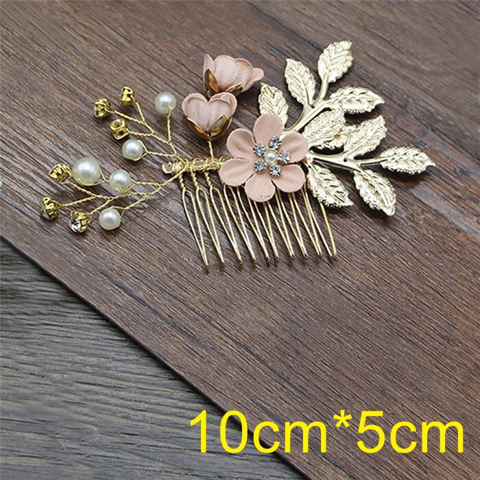 Lky fr bryllup hår tilbehør brude hovedbeklædning kamme guld blade brud hovedbeklædning perle hårnål blomster brud bryllup dekoration: Lyserødt hårtøj b