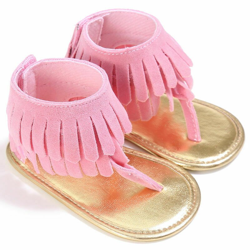 Baby Girls Sandals Toddler Tassel Anti-Slip Summer Crib Shoes Solid color Soft Sole Sandal: Pink / 13-18 Months