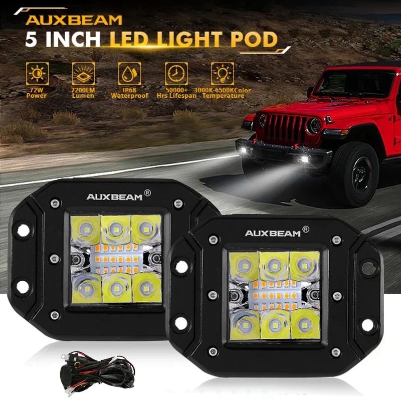 AUXBEAM Lámpara de conducción de luz de trabajo LED integrada de 5 pulgadas y 72 W con arnés para camioneta todoterreno