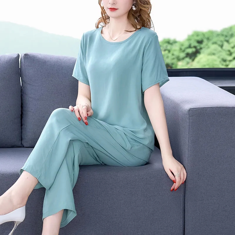 Women Pants 2-Piece Set Female Summer Set Middle aged Female Loose Tops+ Wide leg Pants Two-Piece Suit Short Sleeve Suit 4XL: XXL / Blue