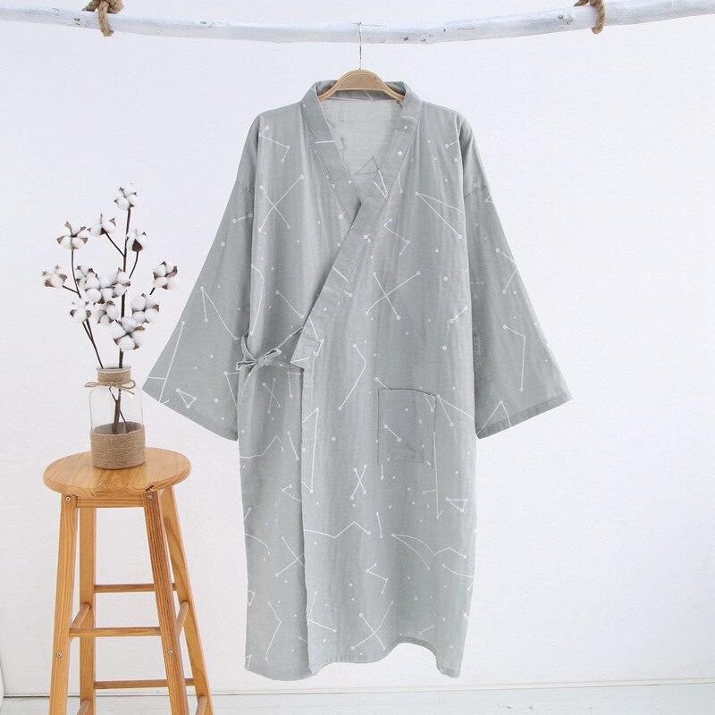 2022 män& #39 ; s 100%  bomullsgaze bomullsrock lös tunn yukata japansk kimono pyjamas herr & #39 ;s huvrock v-ringad pyjamas badrock: Grå stjärnkarta / L