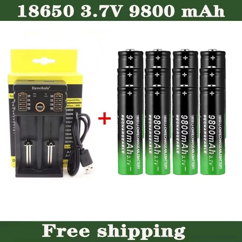 18650 Battery 3.7V 9800mAh Rechargeable Li-ion Battery with Charger - for Flashlight/Torch, Long-Lasting P: Silver