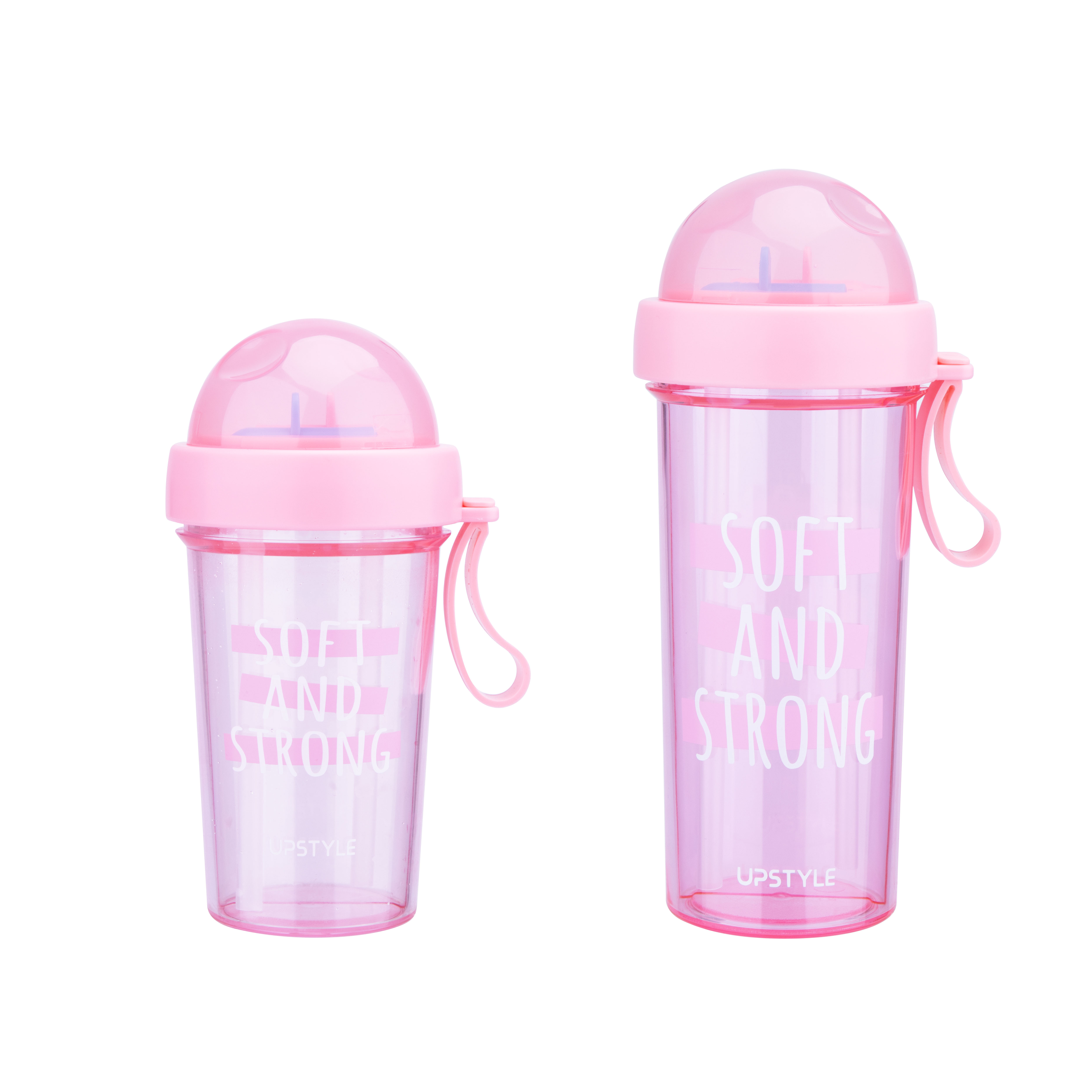 Dubbelfunktions plast shaker flaska protein vattenflaska med sugrör för gym: Rosa / 420ml 14oz