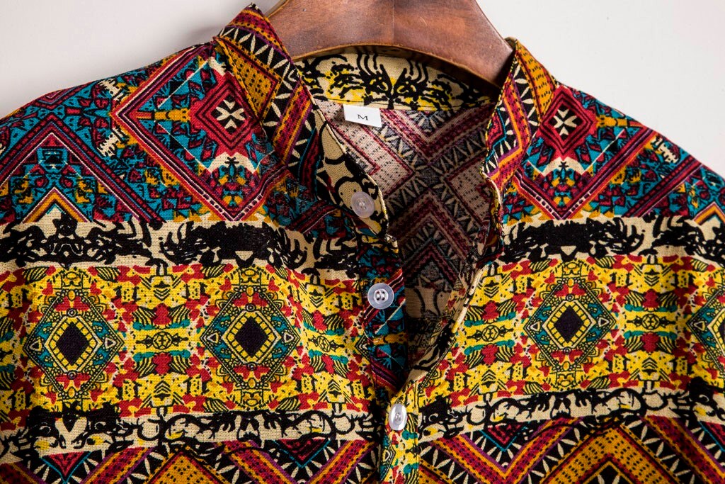 LucMatton Heren katoen linnen traditioneel patroon print korte mouwen button down Hawaiiaanse shirts, Meerkleurig, S