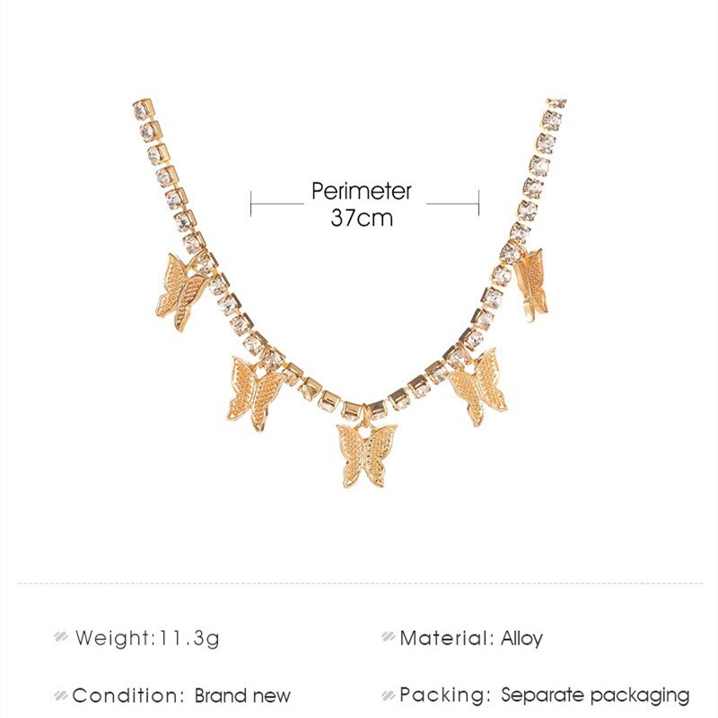 Luxe Rhinestone Choker Ketting Vrouwen Gouden Zilveren Kleur Korte Vlinder Hanger Ketting Party Decoratie Sieraden