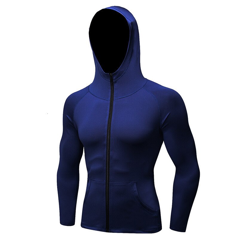 Winter Hooded Compression Sports Jacket Men Shirt Zipper Gym Clothing Men Sportswear Gym Fitness Black Running Jacket: b lu / L