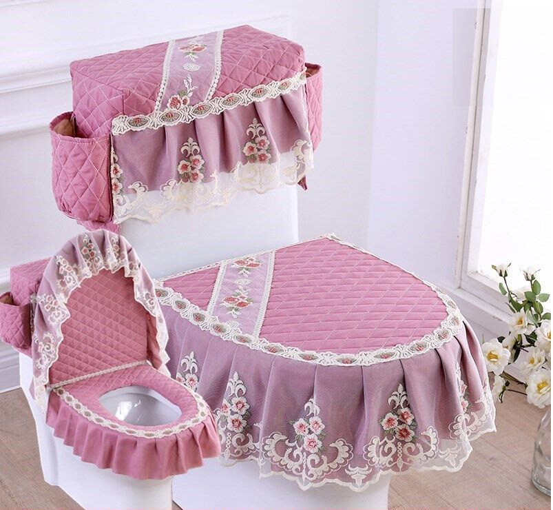 Fyjafon 3pcs Toilet Seat Cover Washable Embroidery Toilet Cover Tank Cover with storage bags Printed Lace Bathroom Toilet Cover