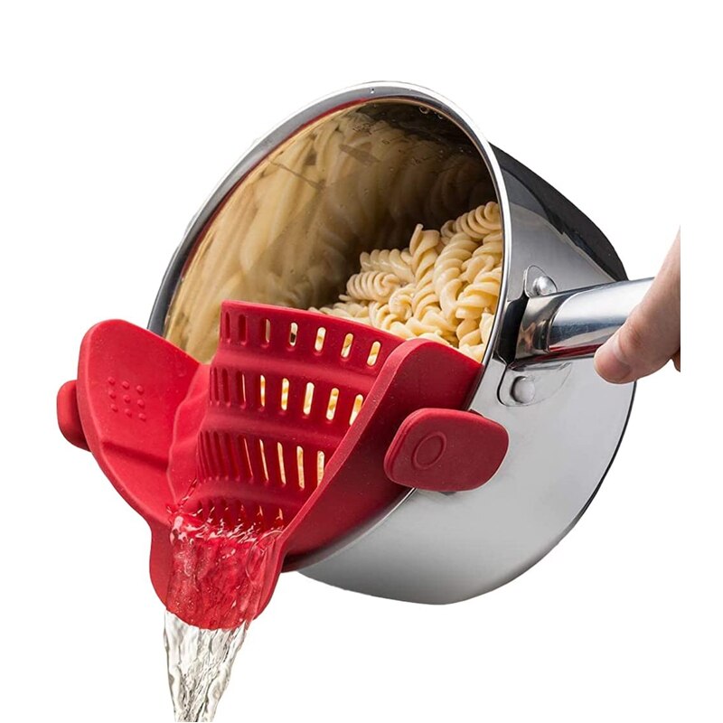 Adjustable Silicone Clip On Strainer Food Grade Heat Resistant Pot Drain Pan Strainer Liquid Drainer Kitchen Colander Strainer: Red
