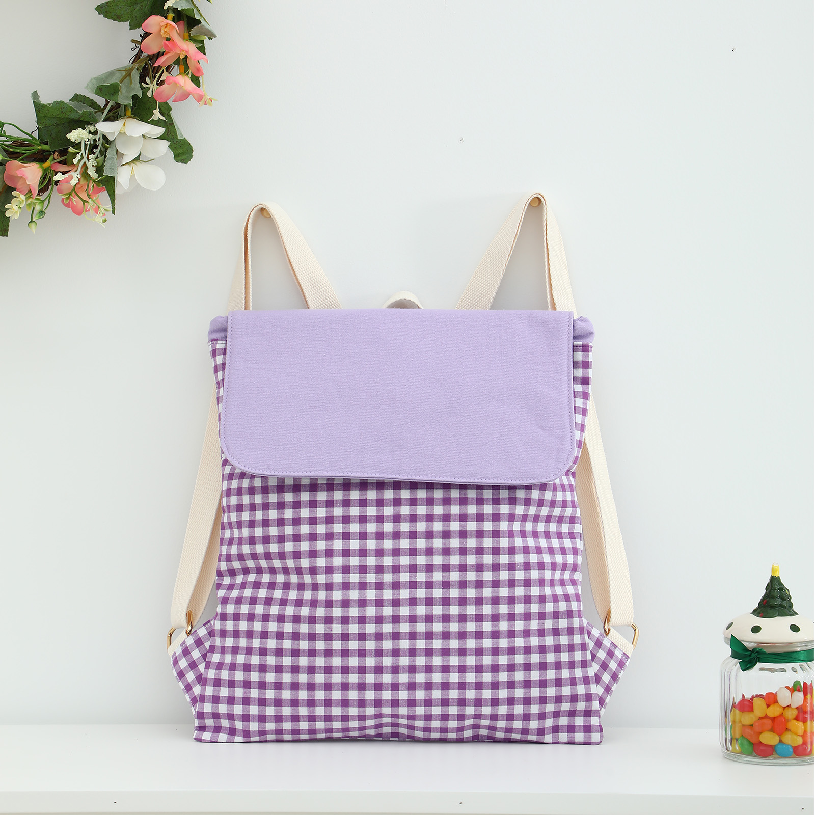 Plaid Backpack For Girls Drawstring Students Canvas Travel Schoolbag Laptop Bookbag: Lavender