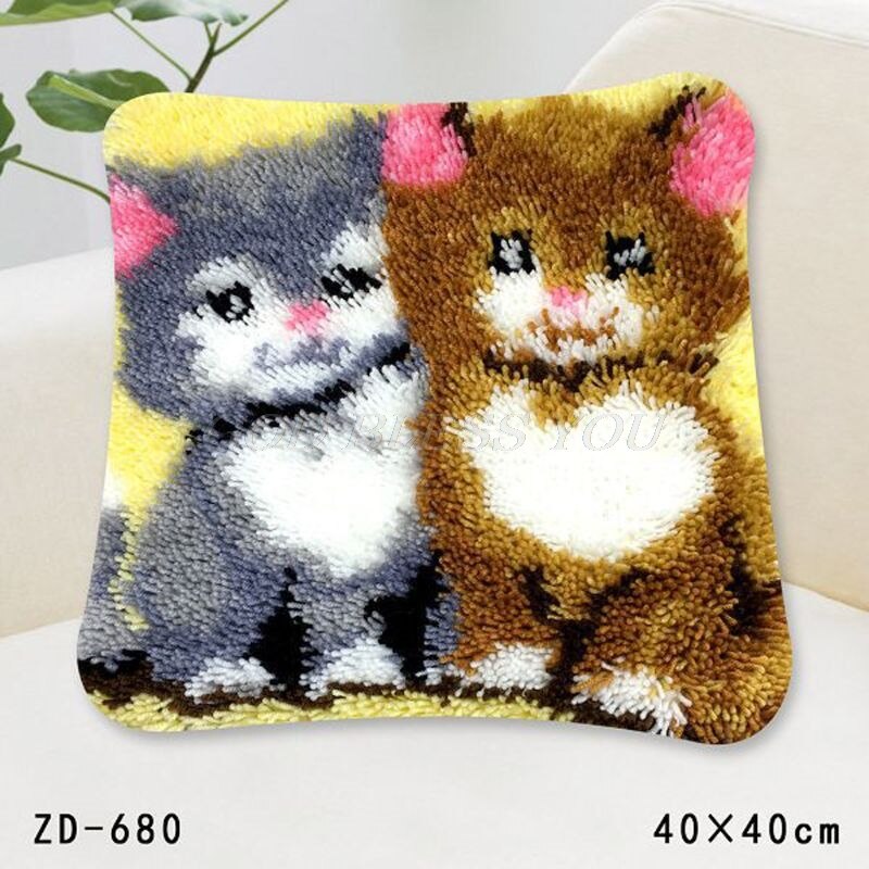 Animal Series DIY Latch Hook Rug Kit 3D Segment Embroidery Pillow Wool Cross Stitch Carpet Set: 680-Double Cats