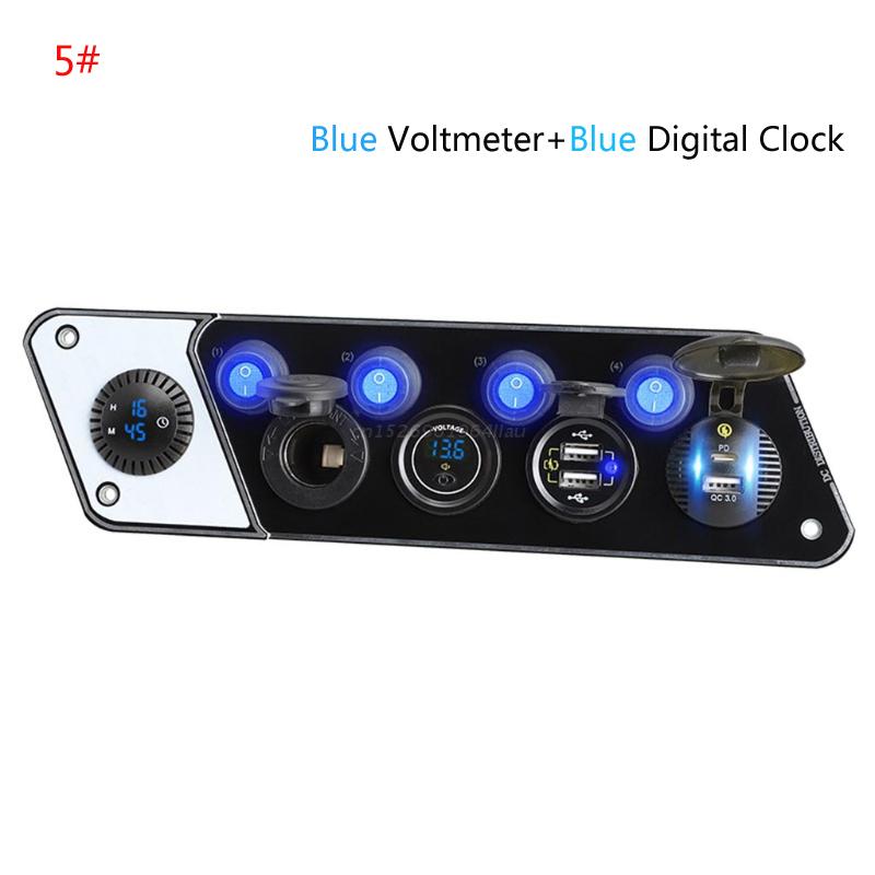 Multifunctional RV Phone Charger 12-24V PD QC3.0 Charging Socket with Voltmeter Digital Clock with 4 Switch: 5