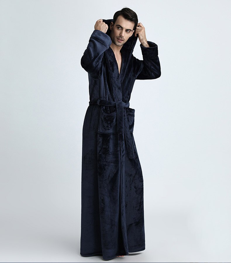 Wine red robe men's bathrobes pigiama home service Pyjamas Robe Camicia da notte flannel winter robe men hooded thick pajamas: navy blue / XL