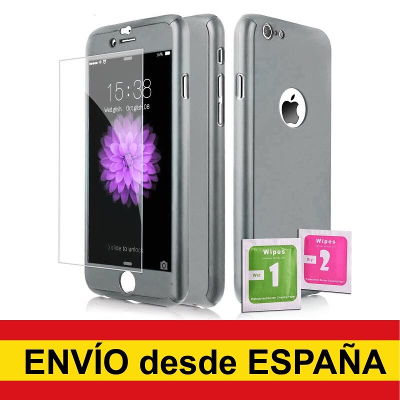 Funda 360° Hibrida para IPHONE 6 / 6S PLATA + Cristal Templado Carcasa