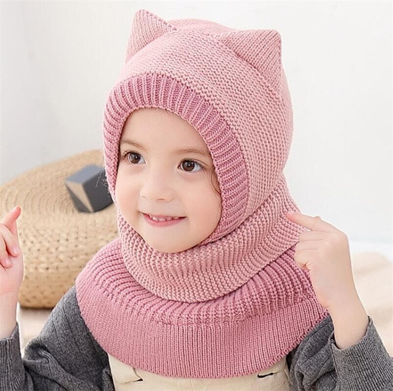 Knit Hooded Scarf Kids Hat And Scarf Child With Mask Winter Warm Protection Ear Cap Circulal Scarves Girls Boy Accessories