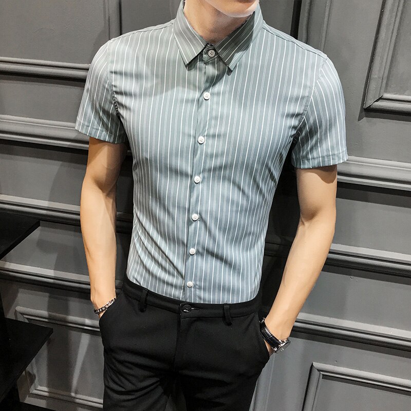 Sommer herre stribet skjorte mærke slim fit kortærmede herre sociale skjorter afslappet enkel all match bluse homme: Lysegrøn / Asiatiske xxl 65-72kg