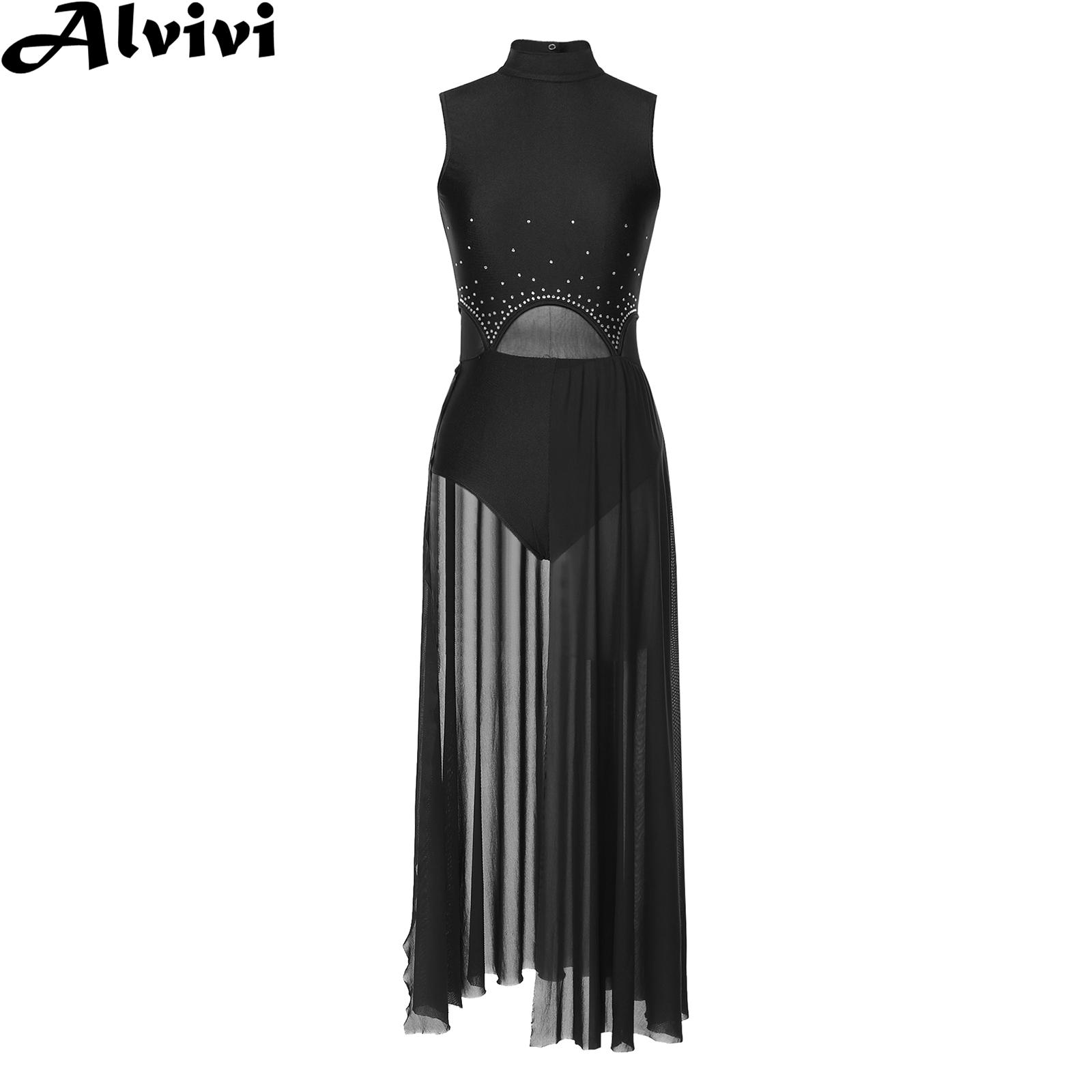 Robe de spectacle de danse lyrique moderne pour femmes, sans manches, fendue avec strass, robes Maxi transparentes, justaucorps de gymnastique de Ballet, vêtements de danse