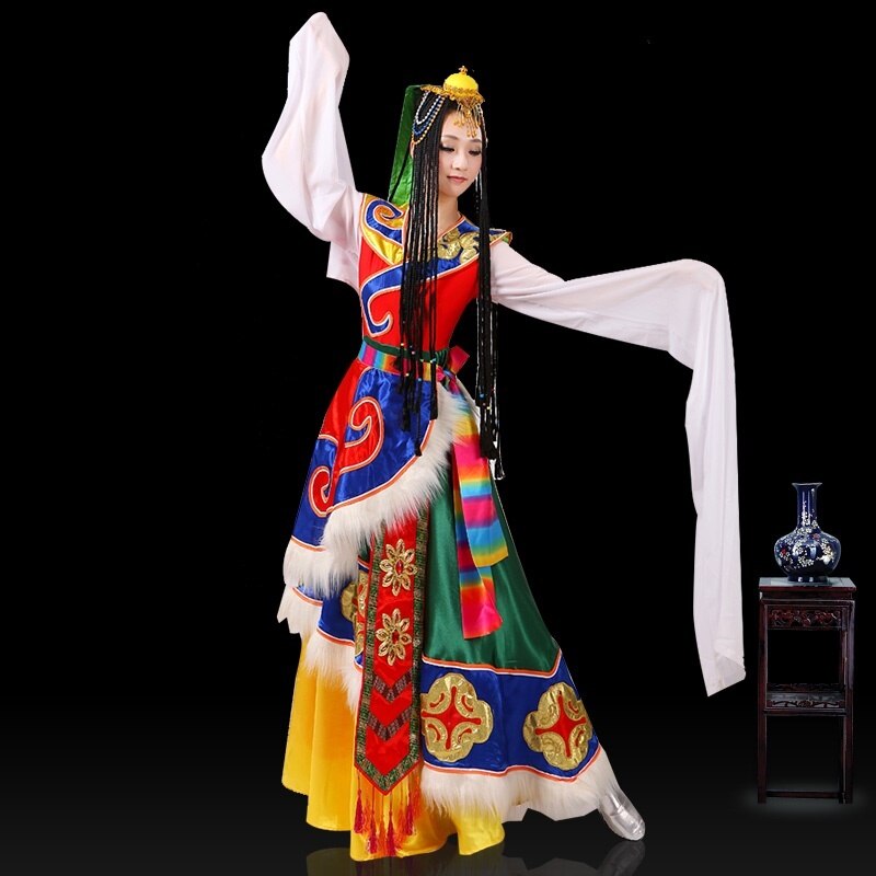 Vêtements de fête mongole chinois manches d'eau Costumes de danse folklorique vêtements scène danseur tenue tenue Performance robe tibétaine: S