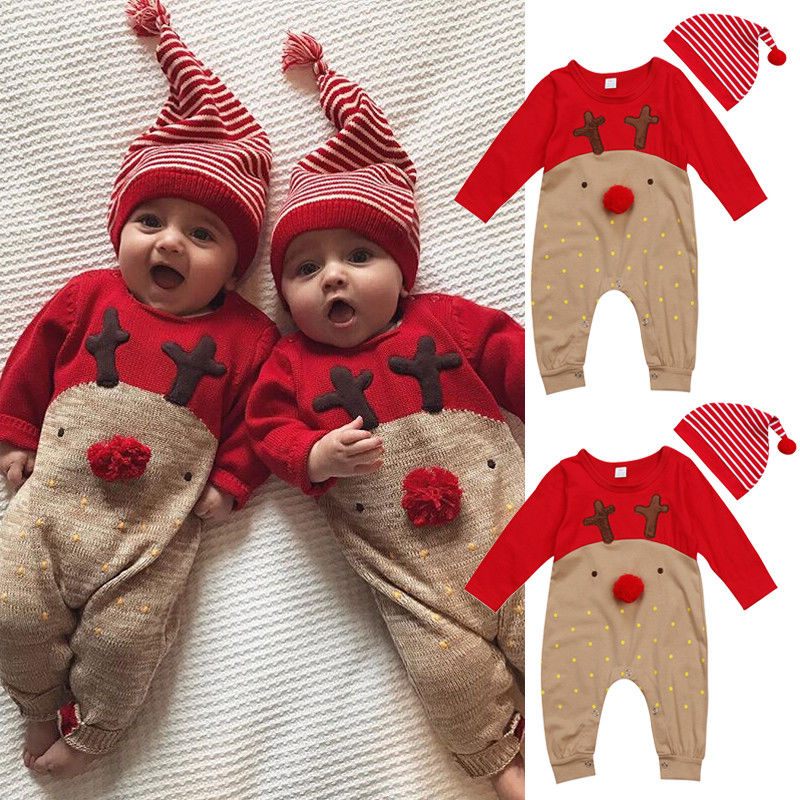 Vestiti del bambino Della Ragazza del Ragazzo Di Natale Renna Pagliaccetto Lungo Del Manicotto Cervi Autunno Inverno Pagliaccetto Tuta Cappello di Partito Vestiti 2pz