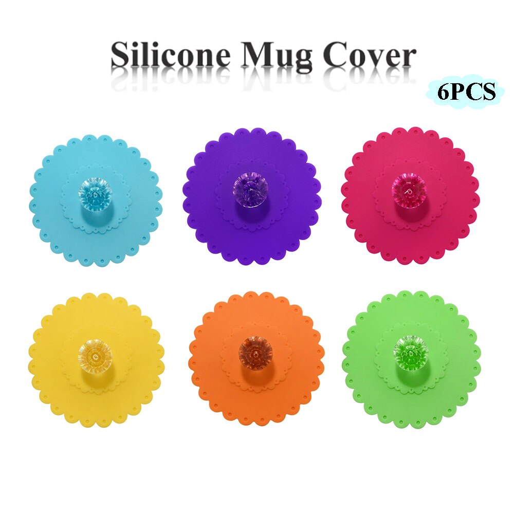 Silicone wor 6Pcs 11CM Transparent Diamond With Flower Pattern Cup Lids Dust-Proof Silicone Mug Cover Bright Color Drink Cup Lid