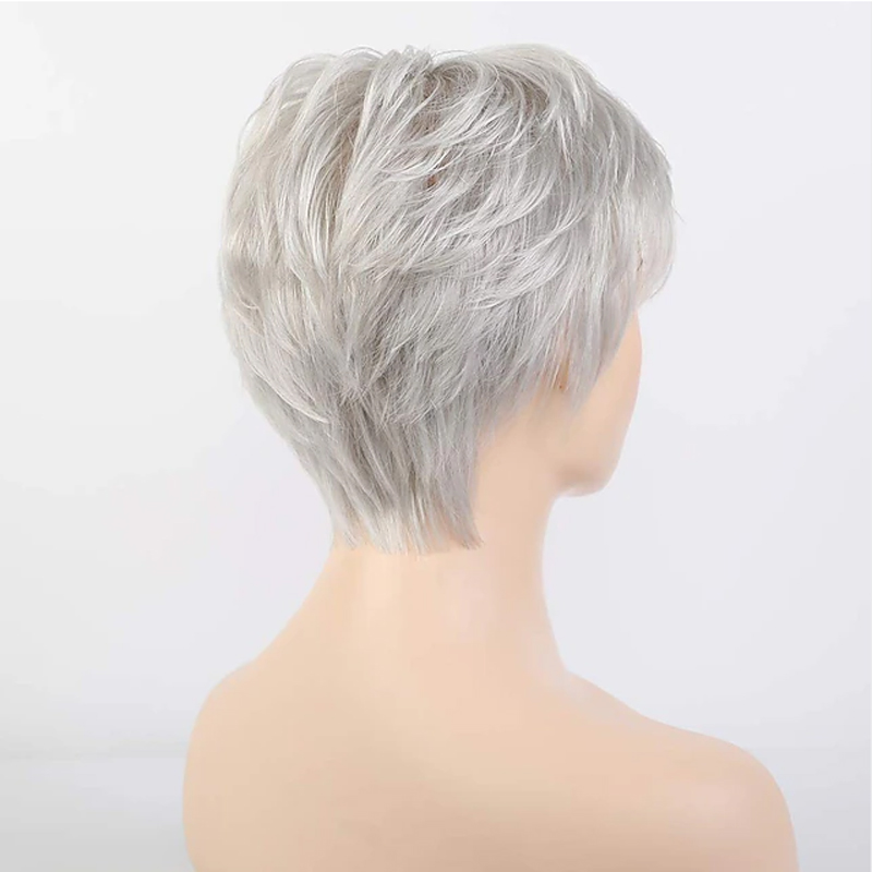 HAIRJOY Kurze graue Perücken für weiße Frauen, gemischte graue, silberne, lockige Perücken mit Pony, Oma, synthetische Kurzhaarperücken