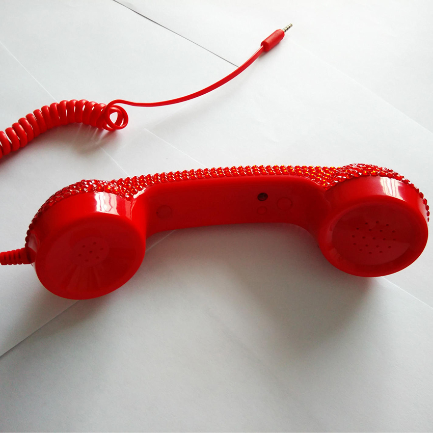 Ensemble de téléphone portable rétro diamant cristal, Mini Microphone haut-parleur, casque pour téléphones mobiles, ordinateur, rouge, 3.5mm