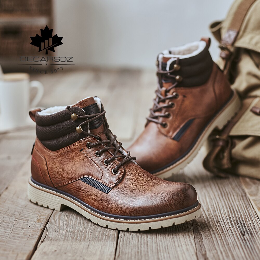 DECARSDZ-Botas de nieve cálidas y cortas para hombre, zapatos a la , con cordones, de piel sintética, para invierno,