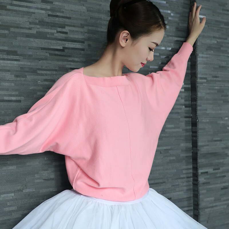 Women Pink Black Ballet Sweaters Warm Dance Top Boat Neck Batwing Sleeve Dance Leotards Coat For Adults