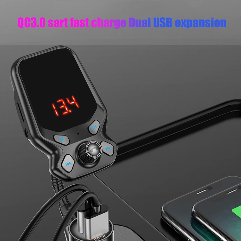 Bluetooth-compatible 5.0 Wireless Handsfree Car Kit with QC 3.0 Dual USB Car Charger Car MP3 Audio AUX Player FM Transmitter