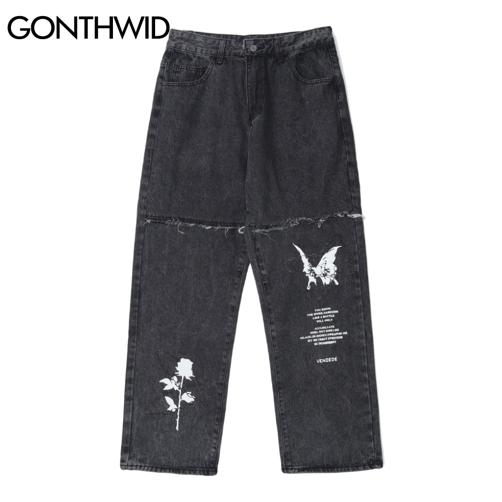 GONTHWID Denim Hosen Kette Rose Schmetterling drucken ausgebeult Jeans Streetwear Herren Hüfte hüpfen Harajuku lässig verlieren Schlauch Schwarz