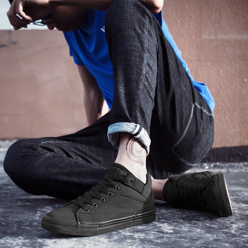 Black Sneakers Men Canvas Shoes Height Increasing Cool Young Man Footwear Breathable Cloth Mens Casual Shoes L032