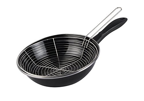 Vaello Campos Sartén freidora, Acero Vitrificado, Negro,con Cestillo - Acero Vitrificado Antiadherente 24cm 26cm 28cm (26 cm)