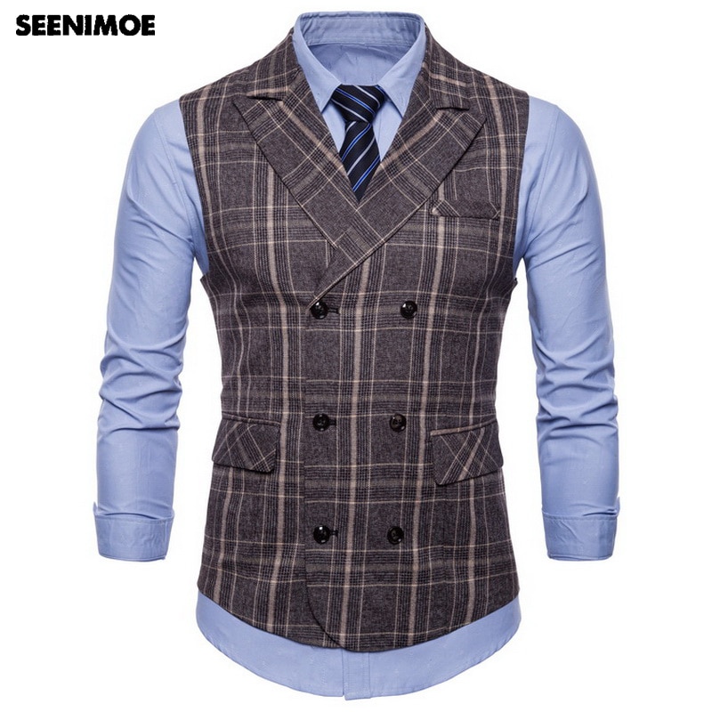 Seenimoe Waistcoat Men Stripe Formal Blazer vests Casual Double Breasted V-neck Vest M-4XL Male England Style Vests
