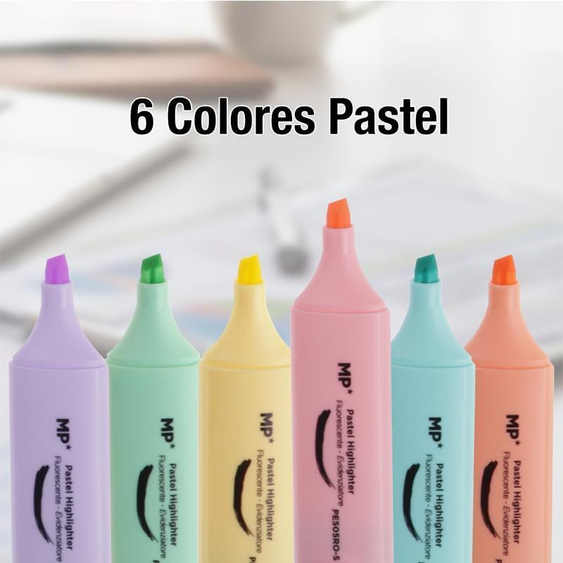 MP® Pack 6 Subrayadores Colores de Pastel Rotuladores Marcadores Resaltadores Punta Biselada Suaves Material Escolar Niños Estudiantes Suministros Accesorios Dibujo Pintura Trabajo Escuela Oficina Papelería