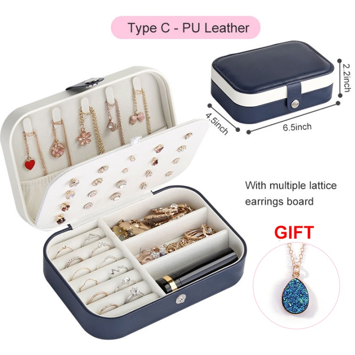 PU Leather Jewelry Box Storage Box Ring Display Lady Case Portable Jewelry Organizer for Necklaces Joyeros Organizador De Joyas: C blue