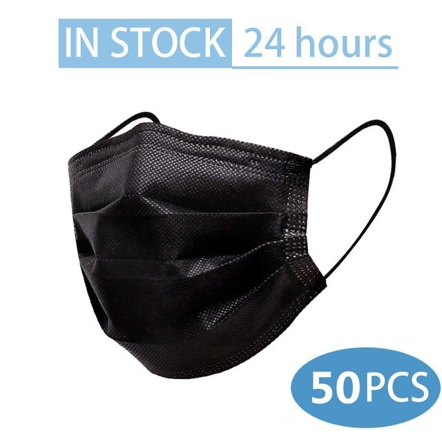 10/50 stk. maske engangs ansigtsmaske sort nonwoven 3 lag filter anti-støv åndbar beskyttende voksenmaske mundmasker på lager: Sort -50