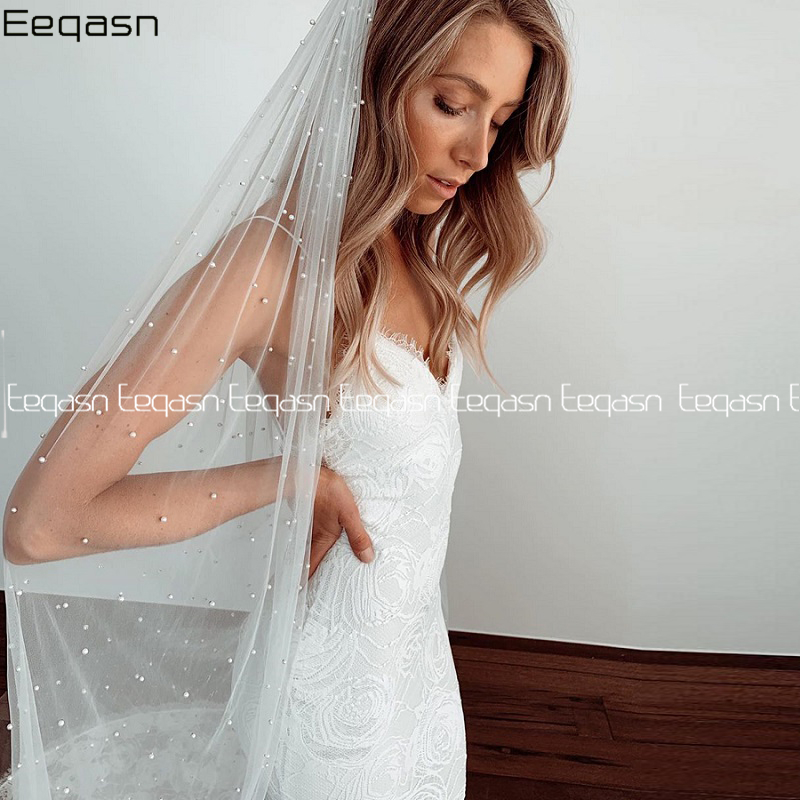 lange Braut schleier Elfenbein Weichen Tüll Perlen mit kamm Schleier 3,5 m Champagner Hochzeit Schleier velos de novia Schleier braut Zubehör
