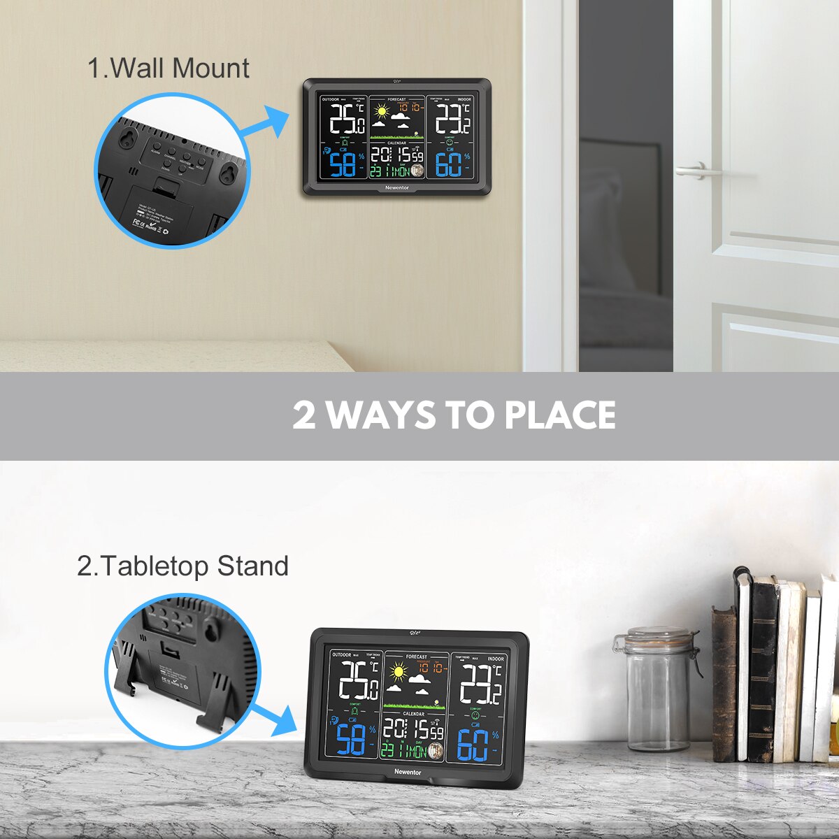 Newentor Weather Station With Sensor Indoor Outdoor Wireless Temperature Humidity Sensor Radio Clock Weather Forecast Calendars