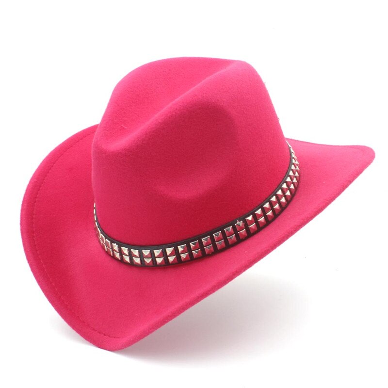 Women Men Wool Hollow Western Cowboy Hat With Wide Brim Felt Cowgirl Jazz Godfather Sombrero Cap Size 56-58CM Punk Belt A35: Rose red