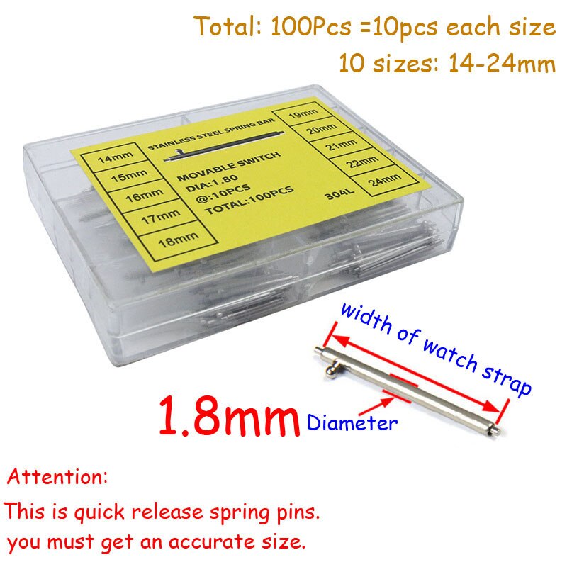 100 st klockarmband i rostfritt stål snabbkoppling fjäderstångsstift klockreparationsverktyg bandstift 14mm 15 16 17 18 19 20 21 22 24mm: Dia 1.8mm 100 st