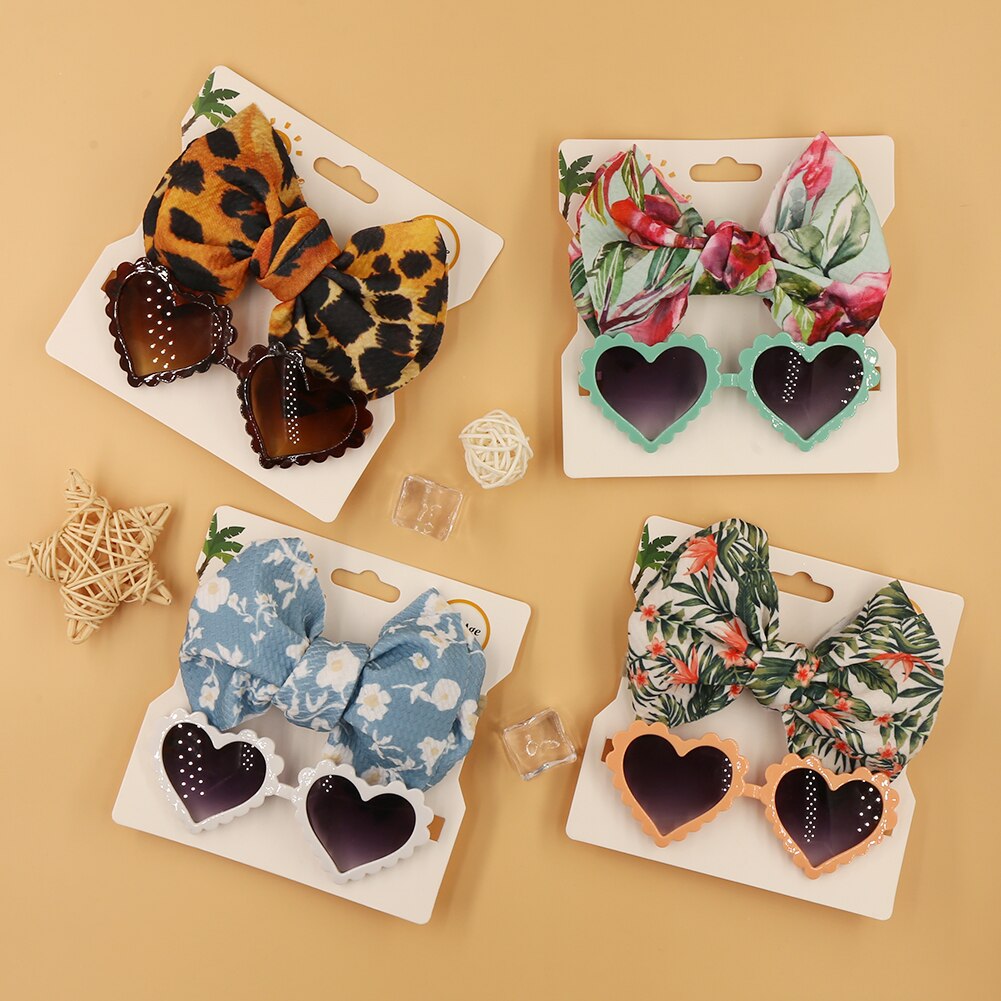 2Pcs/Set Dot Flower Leopard Print Baby Headband with Heart Sunglasses Kids Elastic Nylon Hair Band Girls Hair Accessories