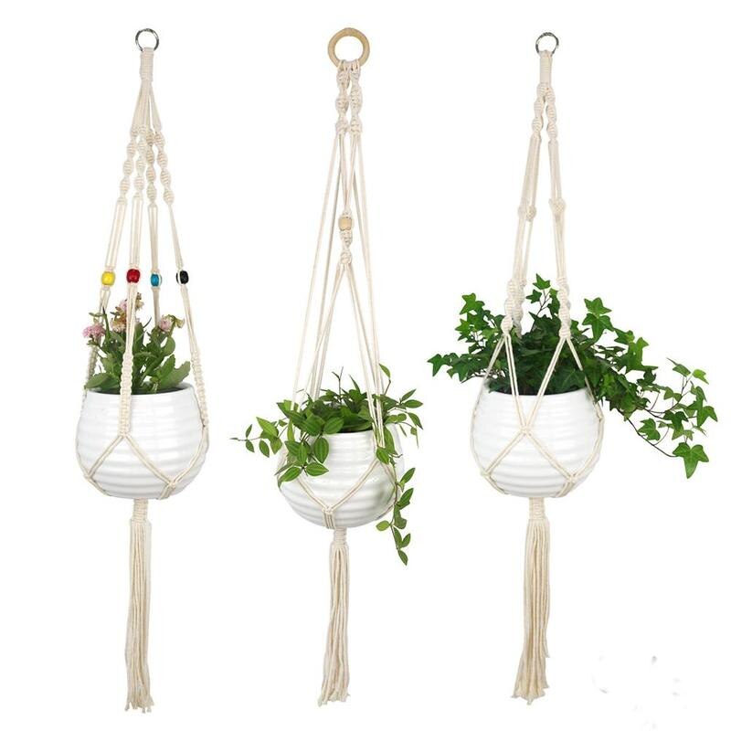 1-- pack macramé plantenhangers, verschillende niveaus, handgemaakte bloemenhouderset, katoenen standaard, touwplantenbakken voor binnen, hangend, po  i0 g 2
