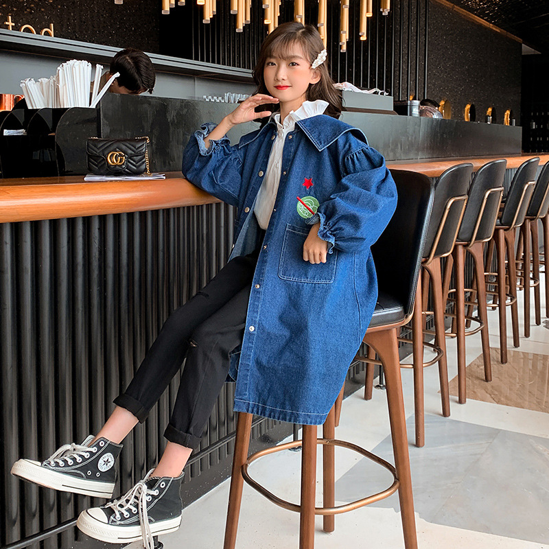 Tavimart Free Shipping Denim Long Mid-calf Coat For Women Loose Jeans Outerwear Long Sleeve Single-breasted Chinese Style Hooded