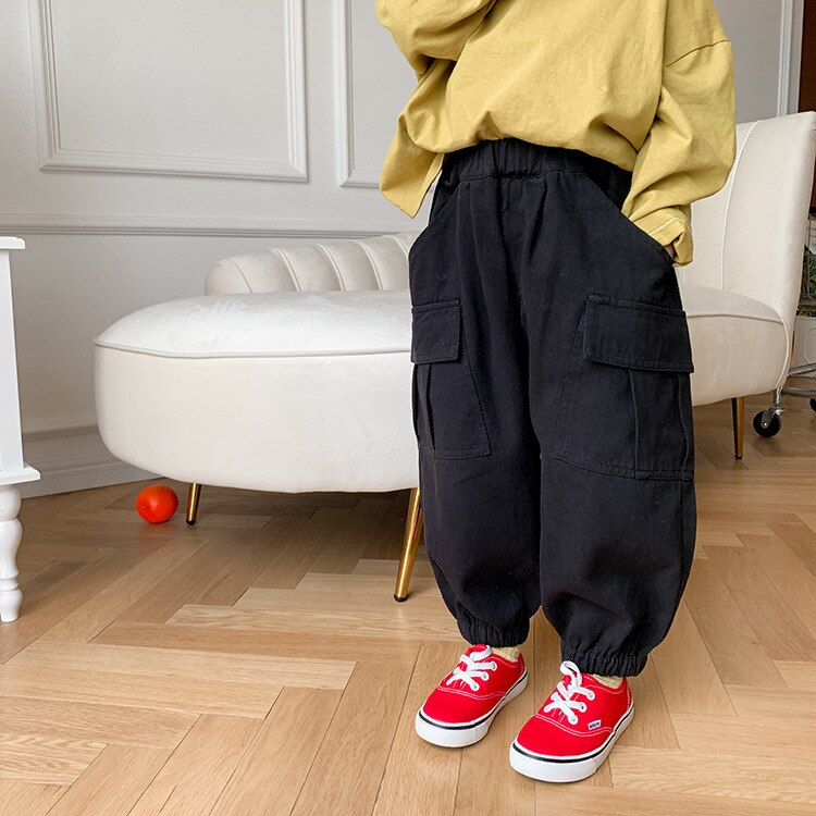 Boys cotton 3 colors side pocket cargo pants Kids all-match loose casual trousers: Black / 3T